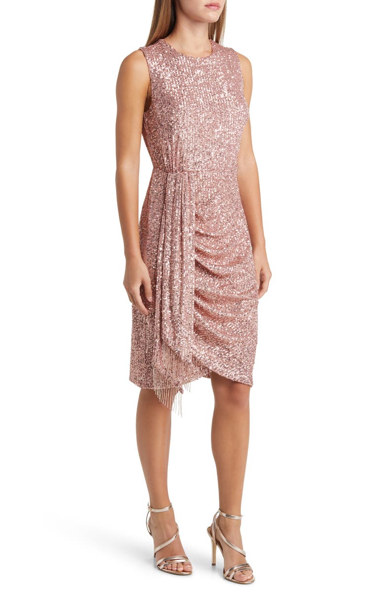 Tahari ASL Sequin Side Ruched Sheath Cocktail Dress, Alternate, color, 