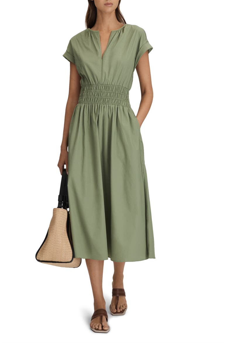 Lena Shirred Waist Cotton Midi Dress, Alternate, color, GREEN