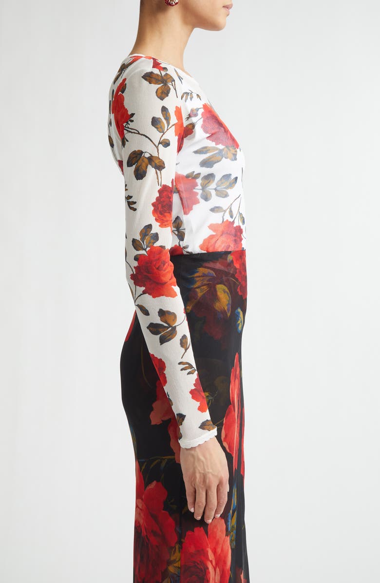 Carolina Herrera Rose Print Silk Mesh Top, Alternate, color, Ivory Multi