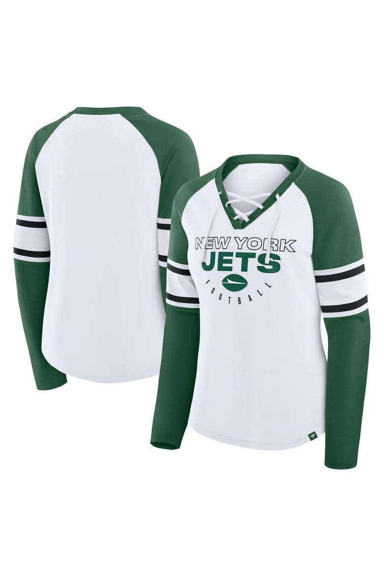 Women's Fanatics White/Green New York Jets Redzone Blitz Package Raglan Lace-Up V-Neck Long Sleeve T-Shirt, Main, color, White