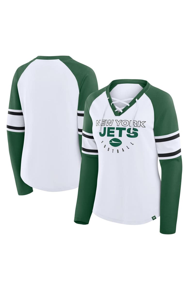 FANATICS Women
s Fanatics White/Green New York Jets Redzone Blitz Package Raglan Lace-Up V-Neck Long Sleeve T-Shirt, Main, color, White