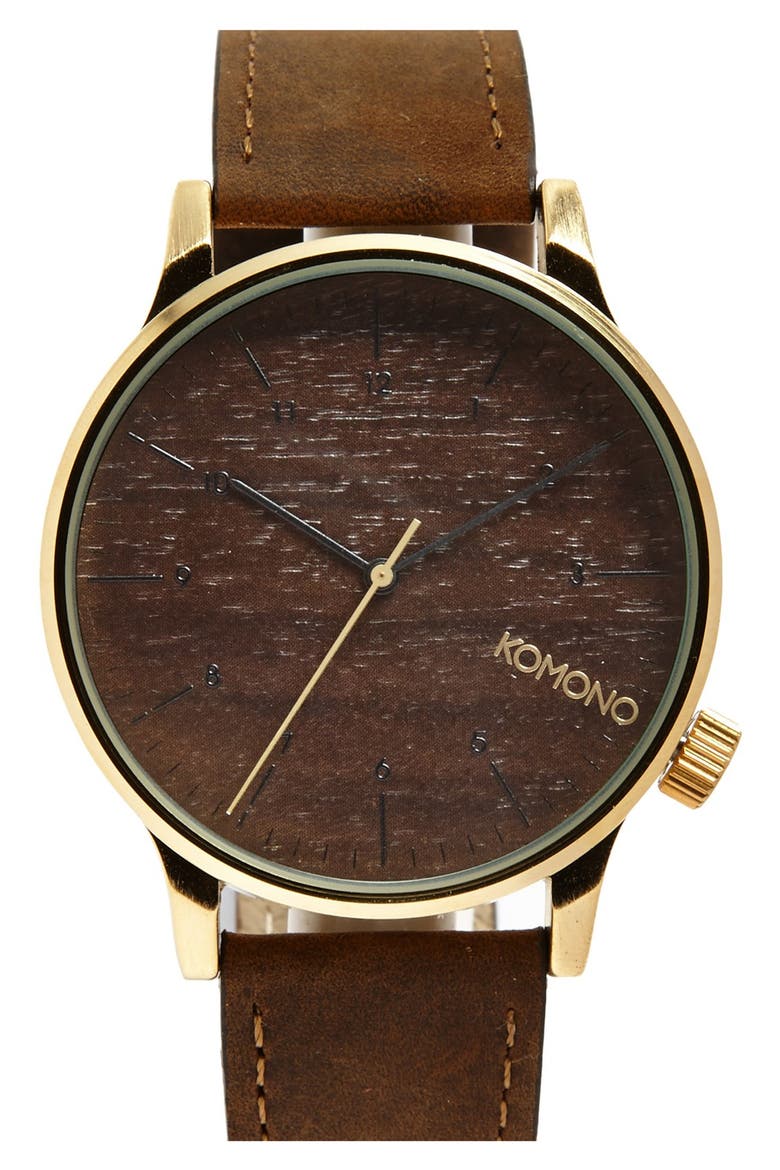 'Winston' Round Leather Strap Watch, 41mm, Main, color, GOLD WOOD