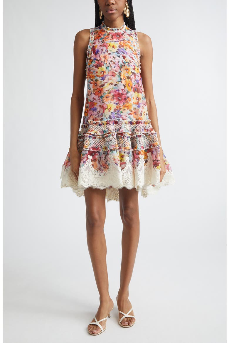 Luna Shirred Silk & Linen Organza Lantern Dress, Main, color, MULTI FLORAL