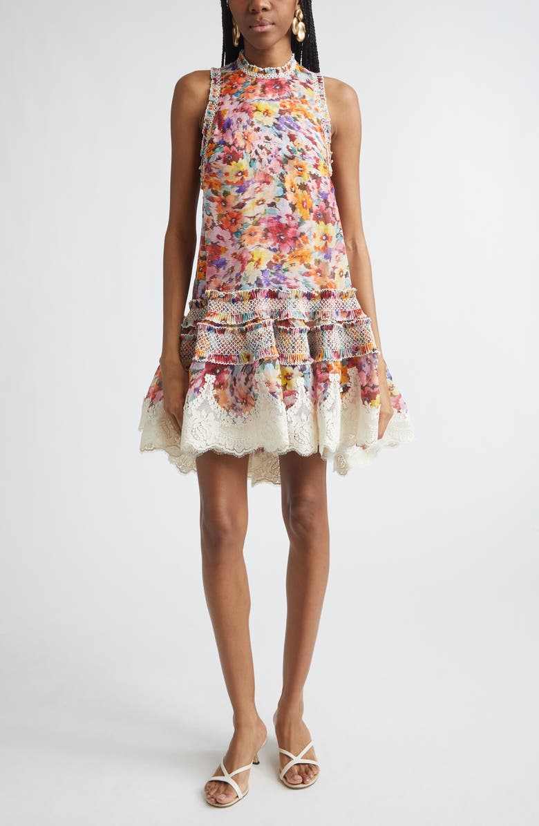 Zimmermann Luna Shirred Silk & Linen Organza Lantern Dress, Main, color, Multi Floral