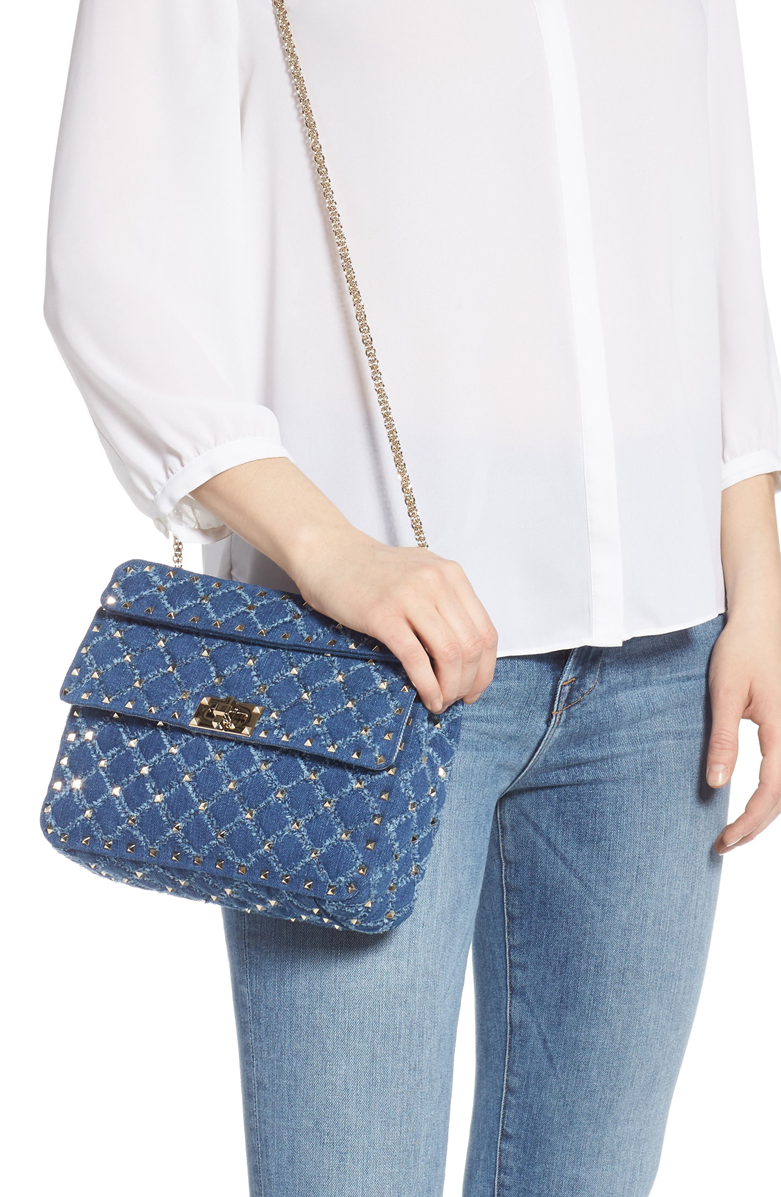 Valentino Garavani Rockstud Matelassé Denim Shoulder Bag, Alternate, color, 