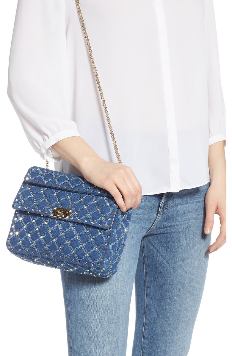Valentino Garavani Rockstud Matelassé Denim Shoulder Bag, Alternate, color,