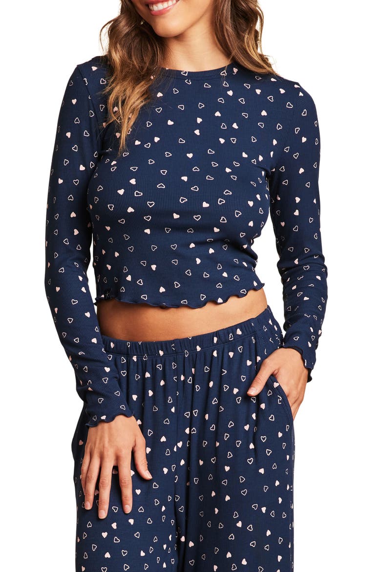 Ultra Soft Rib Lettuce Hem Crop Pajama Top, Main, color, MARINE/ PINK PEONIE