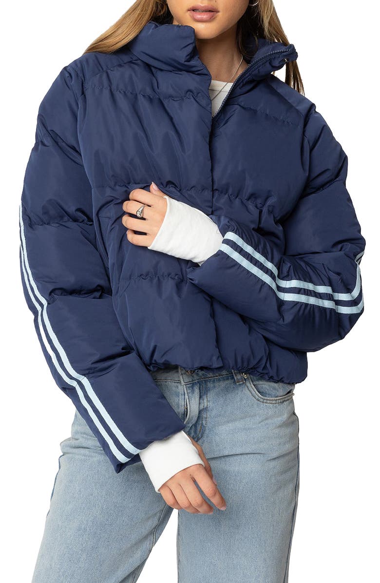 EDIKTED Sherry Side Stripe Puffer Jacket, Main, color, Navy