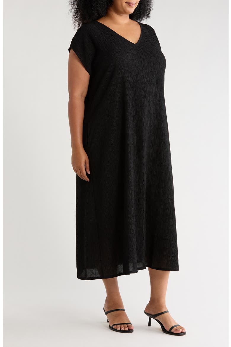 V-Neck Cap Sleeve Crinkle Dress, Alternate, color, BLACK