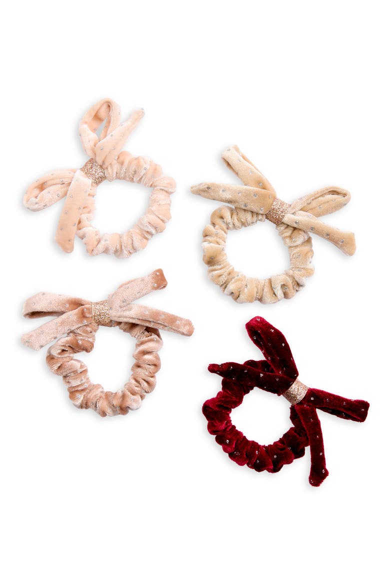 4-Pack Assorted Velvet Bow Scrunchies, Main, color, GOLD