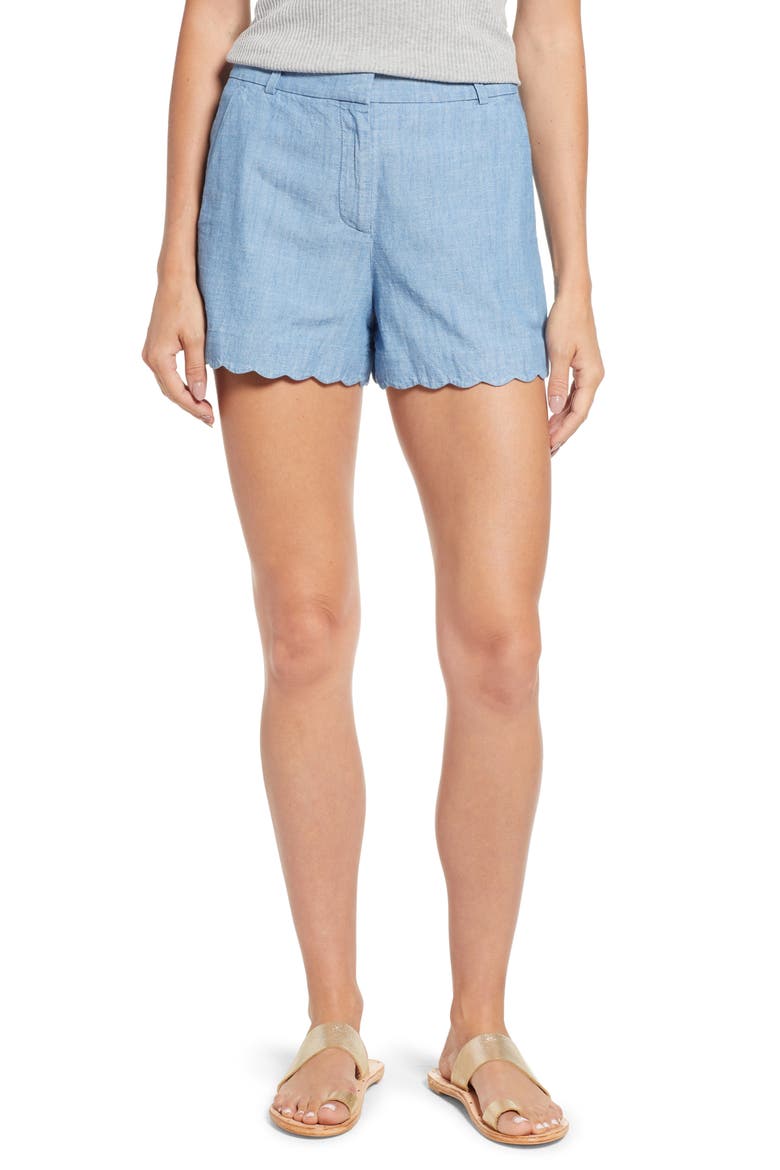 Chambray Scallop Hem Shorts, Main, color, MEDIUM CHAMBRAY WASH