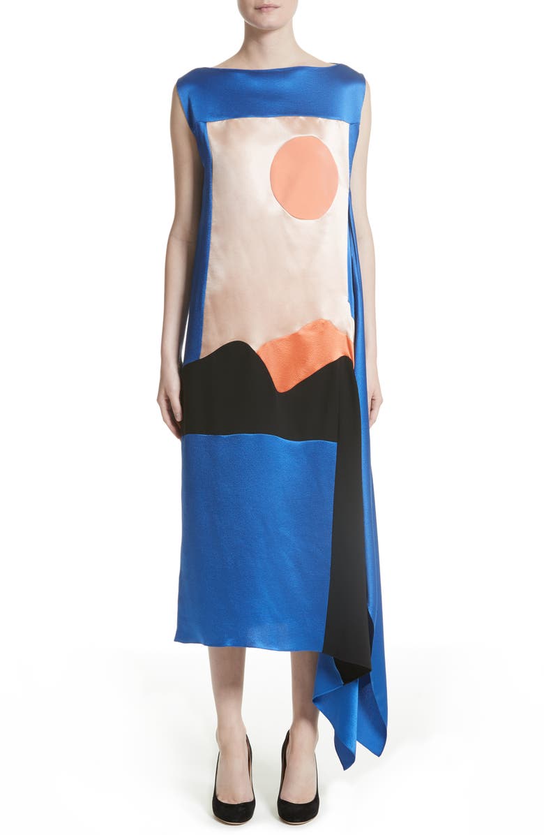 Roksanda Nakato Hammered Silk, Satin and Crêpe de Chine Midi Dress, Main, color, 