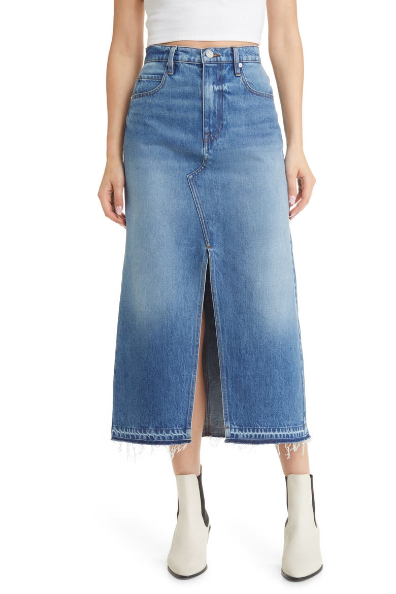 Raw Hem Denim Midi Skirt, Main, color, DEL AMO