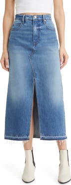 FRAME Raw Hem Denim Midi Skirt