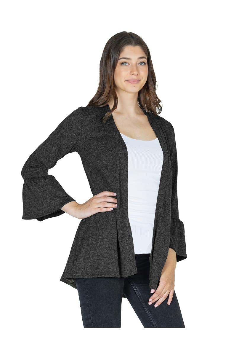 Womens Knit Three Quarter Bell Sleeve Open Cardigan, Alternate, color, Black