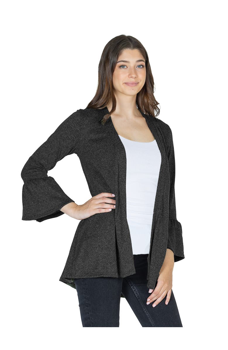 24seven Comfort Apparel Womens Knit Three Quarter Bell Sleeve Open Cardigan, Alternate, color, Black
