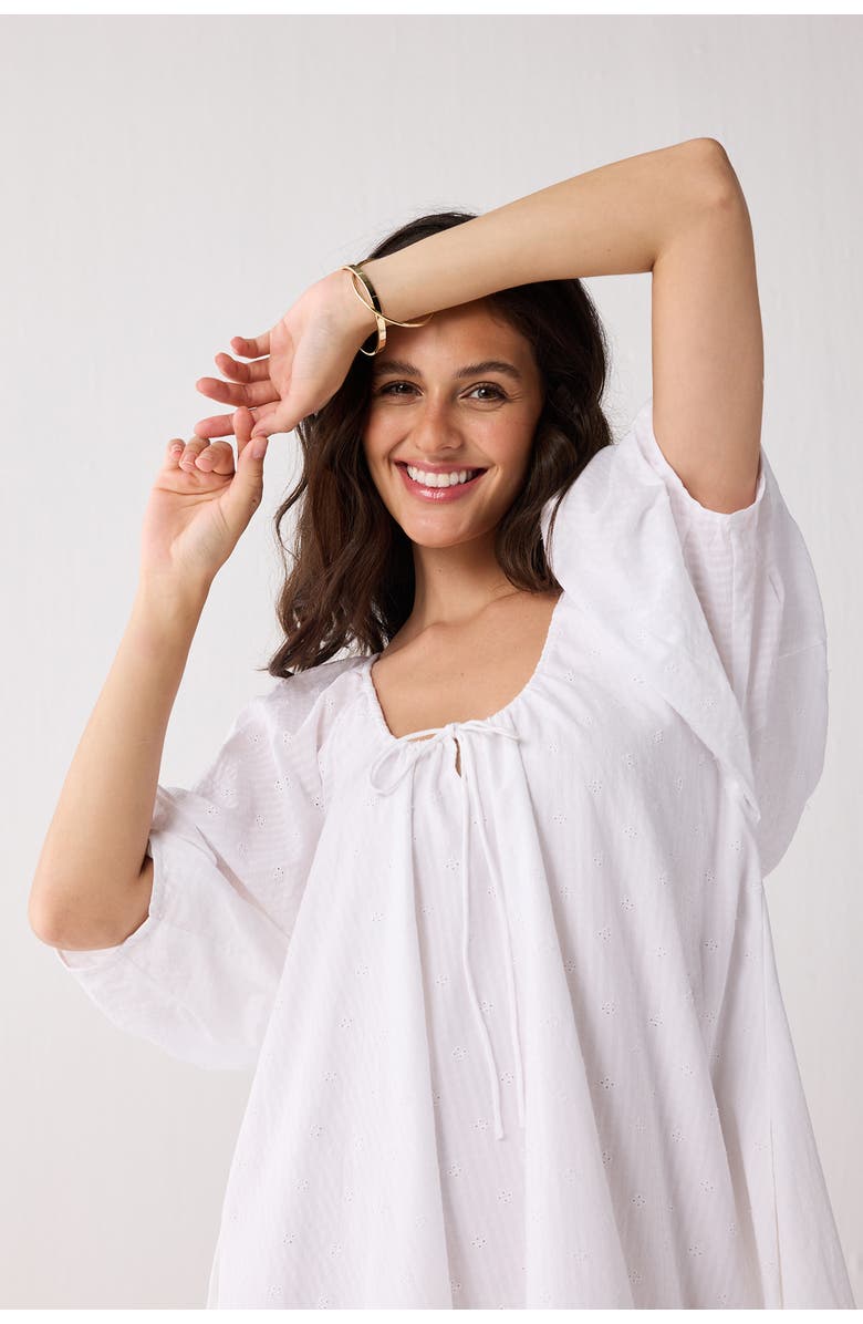 Reistor Puff Sleeved Dress with Drawstring Neckline, Alternate, color, White