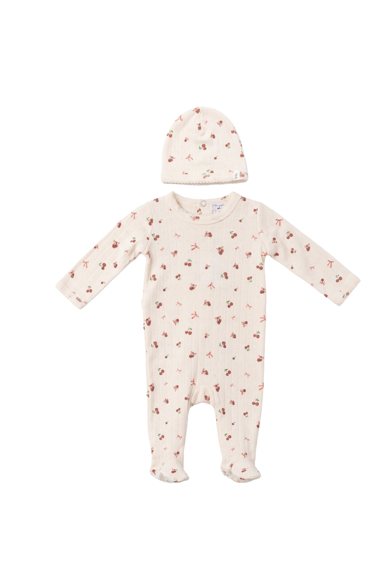 Girl Cherry Pointelle Scalloped Edge Romper and Hat Set, Main, color, Light Blush