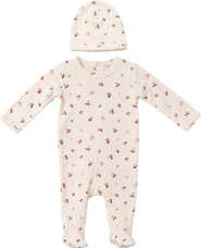 Little Fragile Girl Cherry Pointelle Scalloped Edge Romper and Hat Set