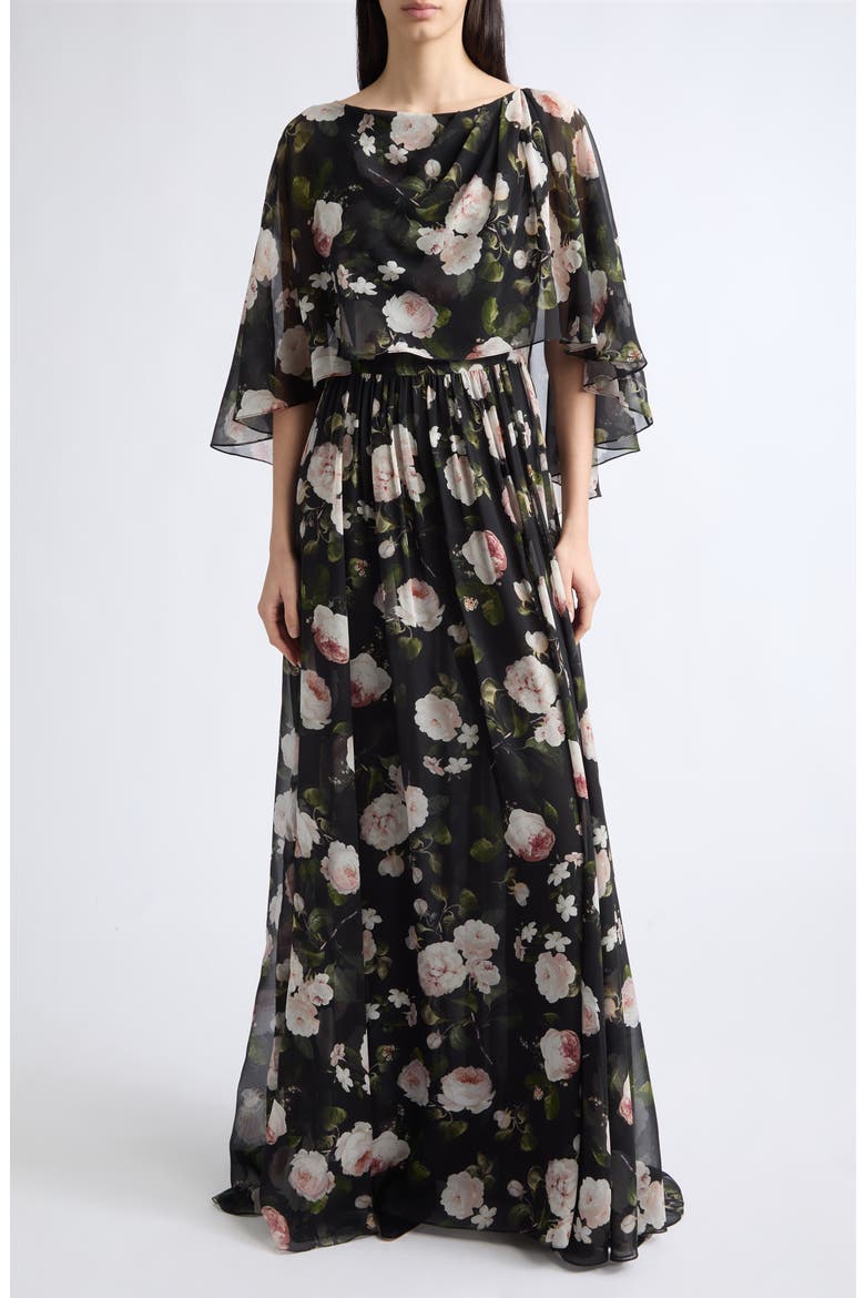 Floral Off the Shoulder Silk Chiffon Gown, Main, color, BLACK MULTI