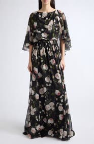Carolina Herrera Floral Off the Shoulder Silk Chiffon Gown