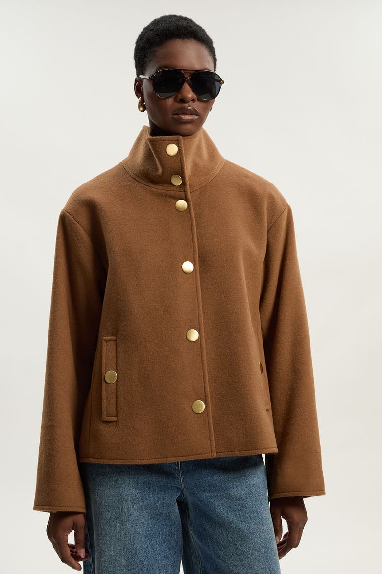 Brushed Wool Funnel Neck Tailored Coat, Main, color, Camel