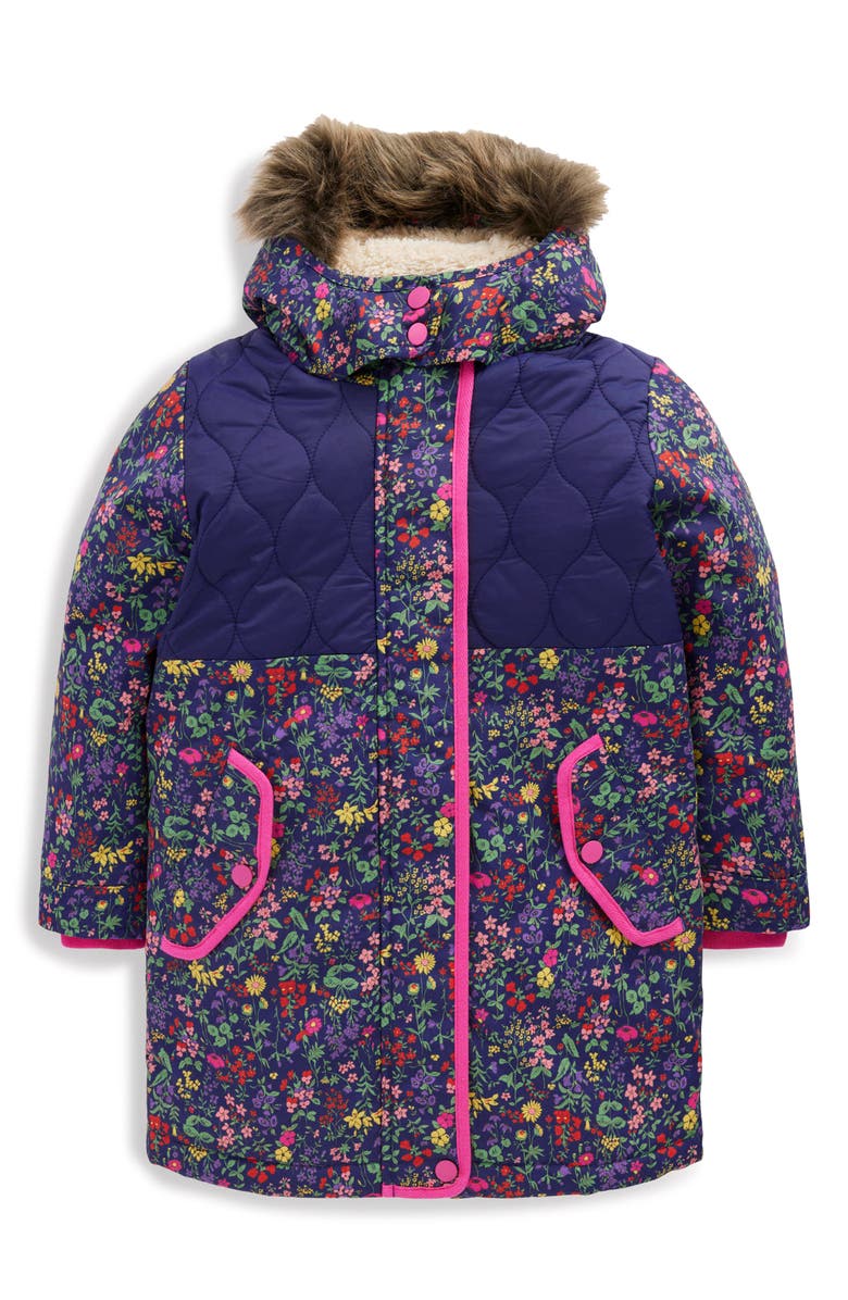 Mini Boden Kids' Water Resistant Quilted Parka with Faux Fur Trim, Main, color, Navy Flower Meadow