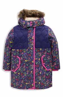 Mini Boden Kids' Water Resistant Quilted Parka with Faux Fur Trim