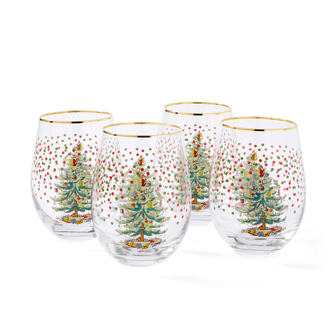 Christmas Tree Polka Dot Stemless Wine Set of 4