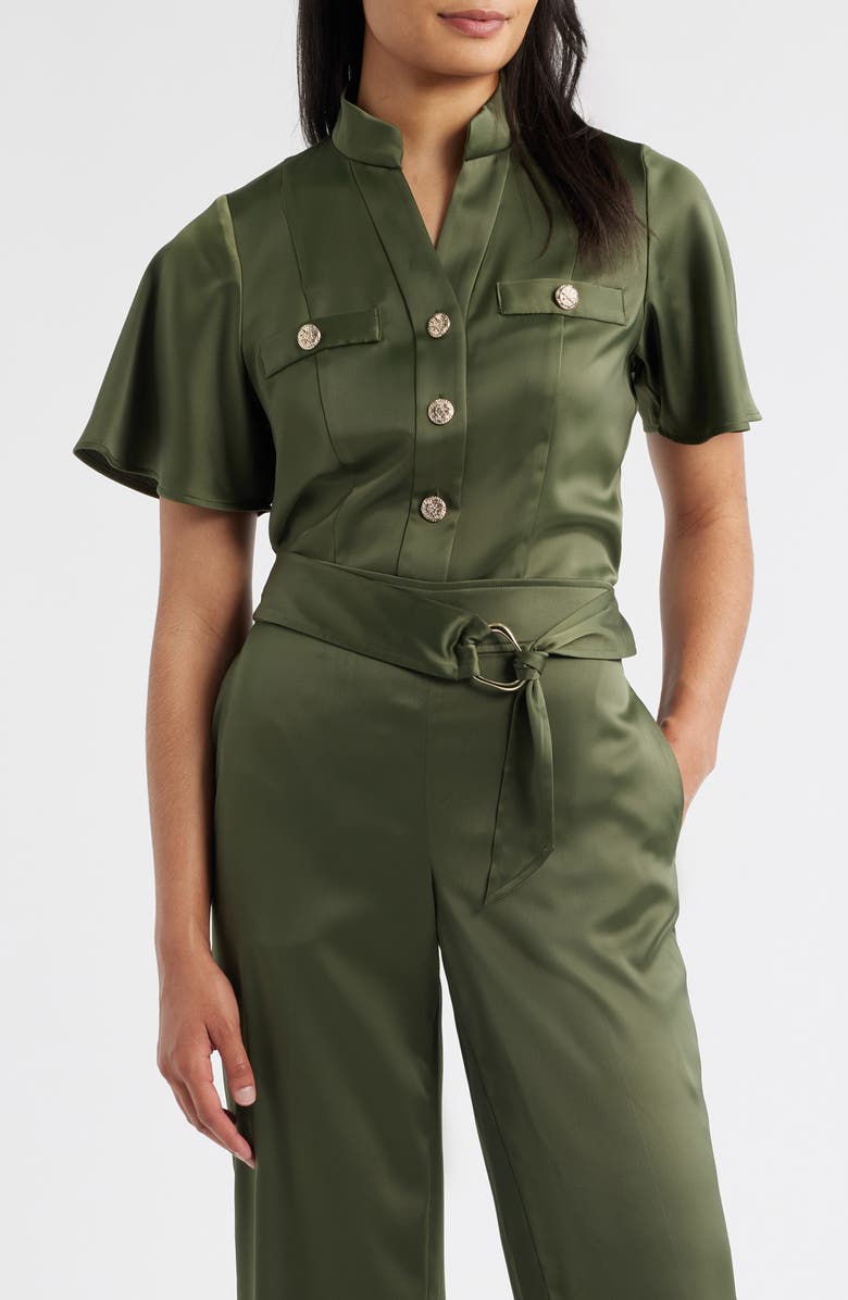 Anne Klein High Neck Short Sleeve Button-Up Shirt, Main, color, 