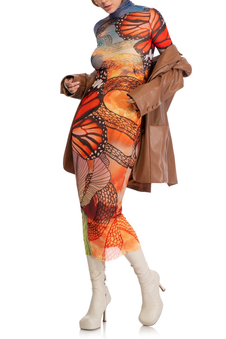 Shailene Long Sleeve Mesh Midi Dress, Alternate, color, BUTTERFLY