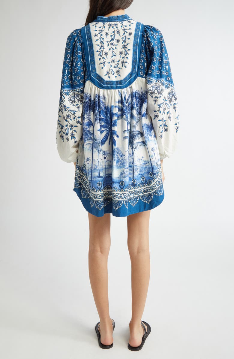 FARM Rio Palm Tree Print Linen Blend Tie Front Dress, Alternate, color, Off-White