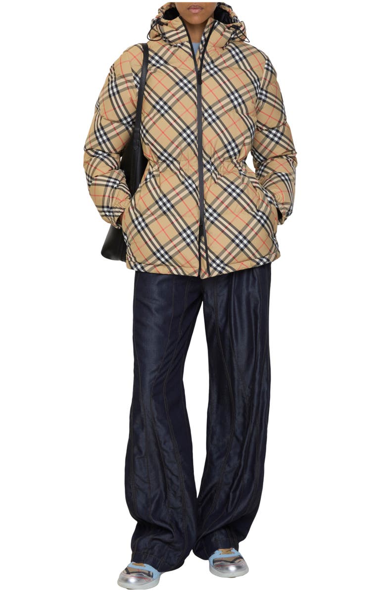 Burberry Check Nylon Hooded Puffer Jacket, Main, color, Sand Beige