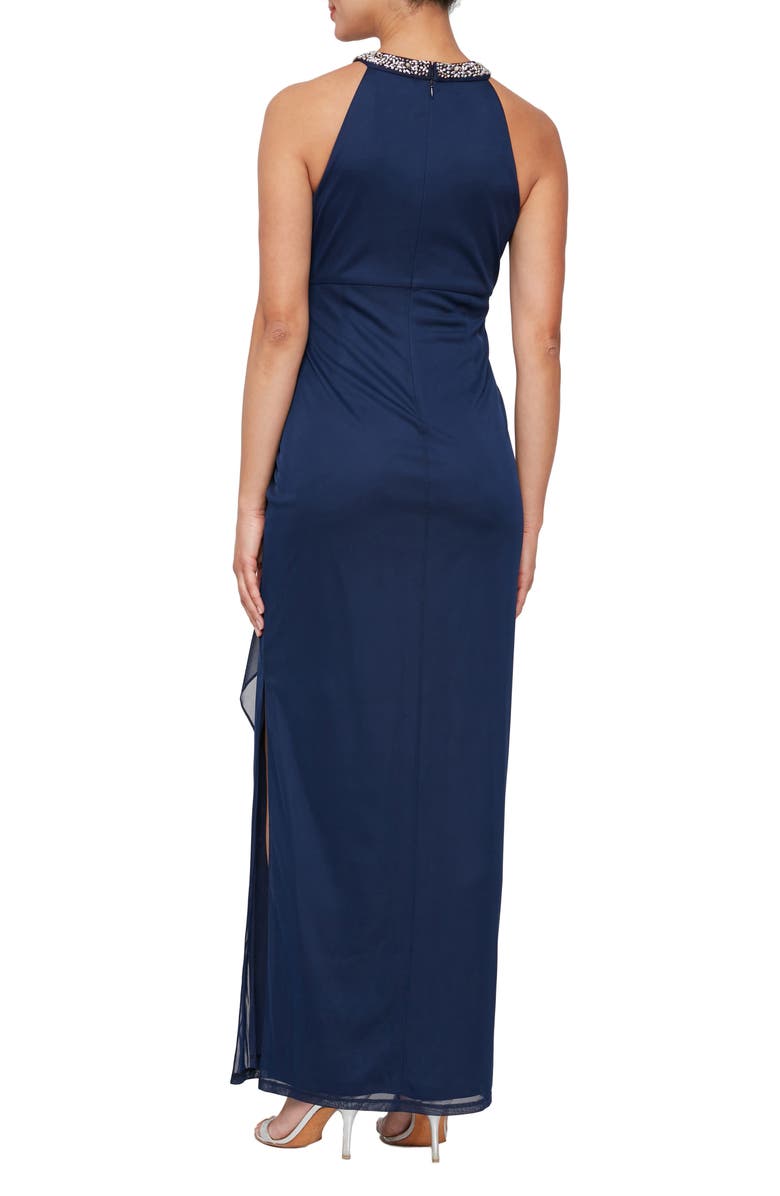 Alex Evenings Embellished Halter Ruched Column Formal Gown, Alternate, color, Navy