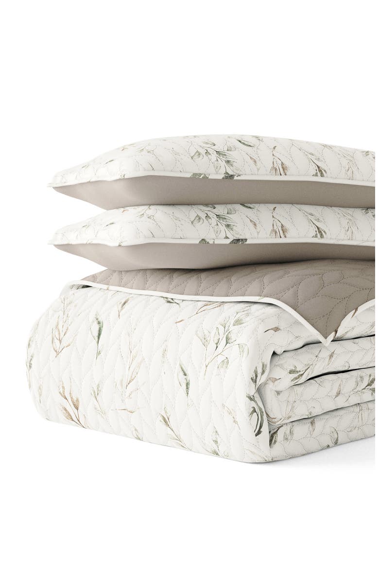 All Season Watercolor Leaves 3-Piece Down Alternative Reversible Quilt Set, Alternate, color, LATTE