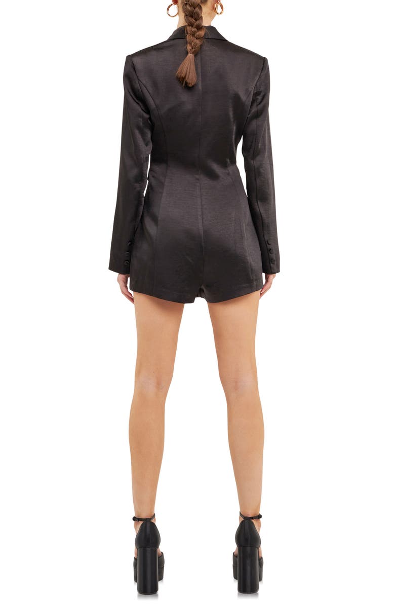 Endless Rose Long Sleeve Satin Blazer Romper, Alternate, color, Black