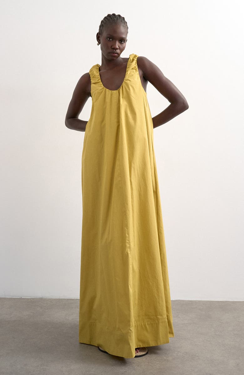 Topshop Ruched Cotton Poplin Maxi Dress, Main, color, Mgreen