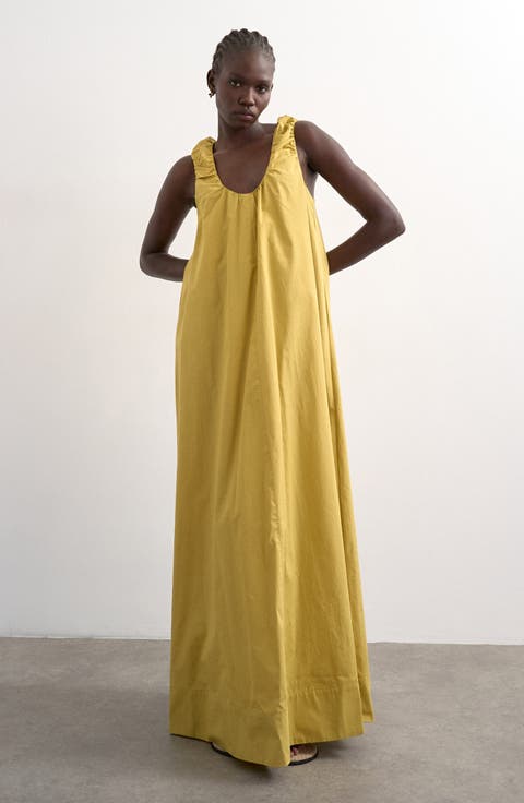 Ruched Cotton Poplin Maxi Dress