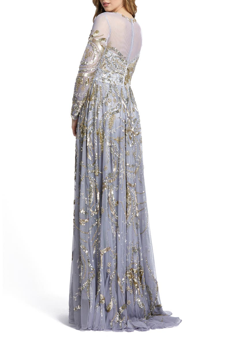 Long Sleeve Embellished Illusion Evening Gown, Alternate, color, PLATINUM GOLD