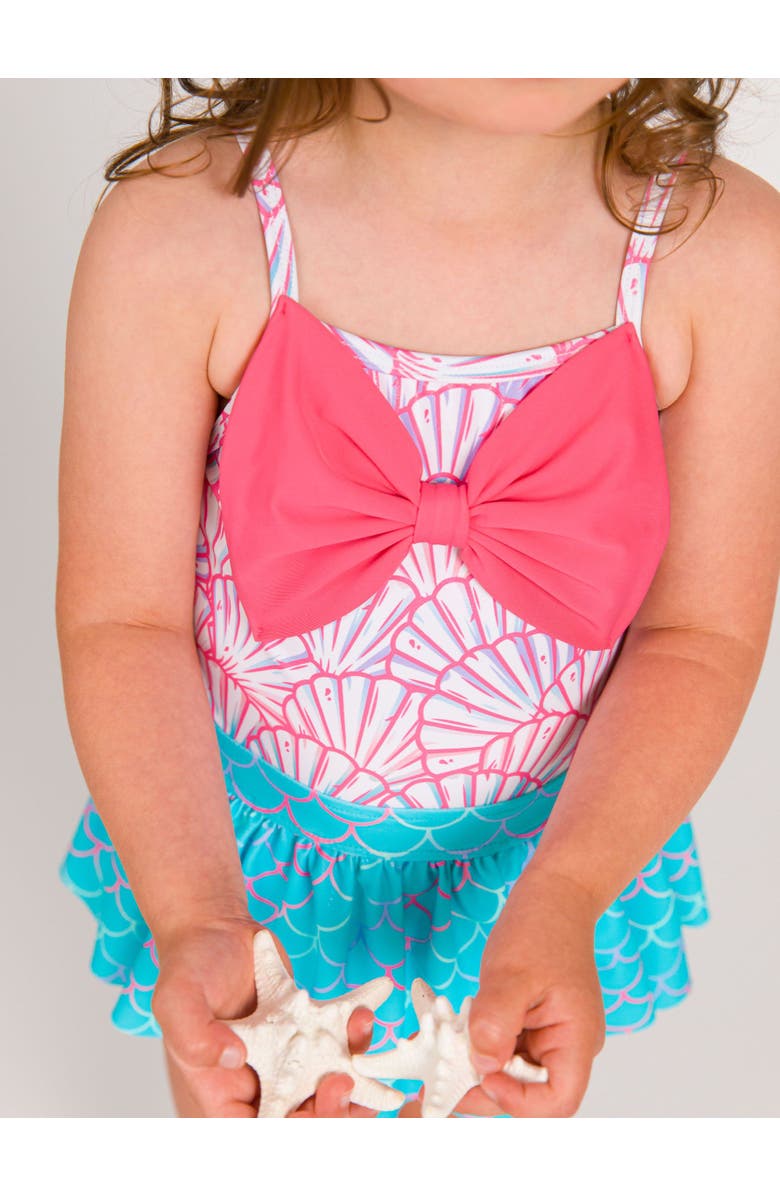 RuffleButts Girls UPF50+ Big Bow Skirted One Piece, Alternate, color, Pink Magical Mermaids