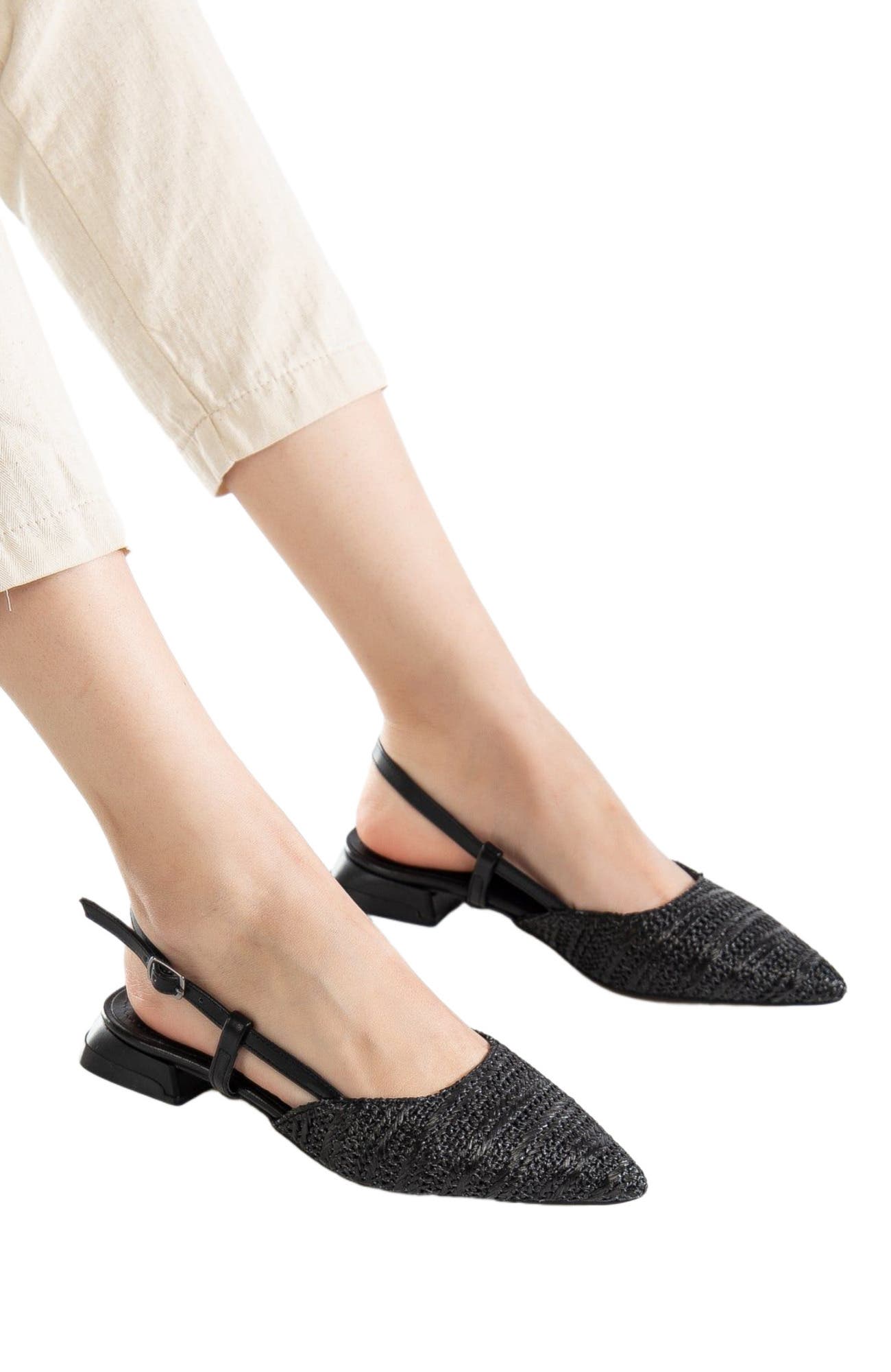 Prologue Shoes Riley Woven Slingback Flats, Alternate, color, Black Faux Leather
