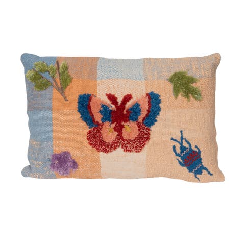 Indoor/Outdoor Woven Fabric Pillow with Tufting, Embroidery, and Insects, Multicolor