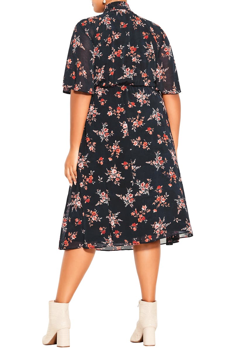 City Chic Kinley Floral Tie Neck Midi Dress, Alternate, color, Black Print