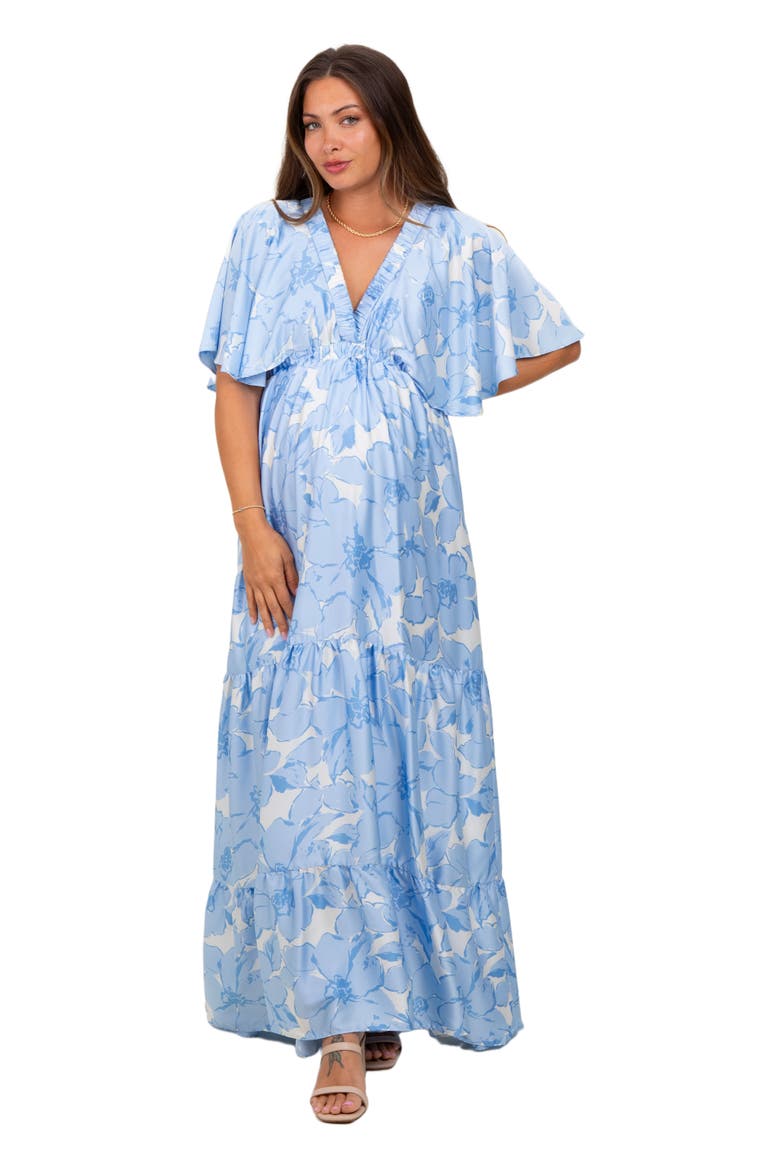 Floral Short Sleep Deep V-Neck Tiered Maxi Dress, Alternate, color, Light Blue