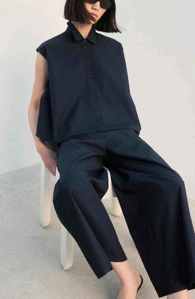 MANGO Pull-On Wide Leg Cotton Pants, Alternate, color, Navy