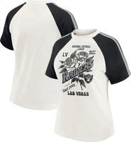 WEAR by Erin Andrews Women's WEAR by Erin Andrews White Las Vegas Raiders Sleeve Stripe Distressed Raglan T-Shirt