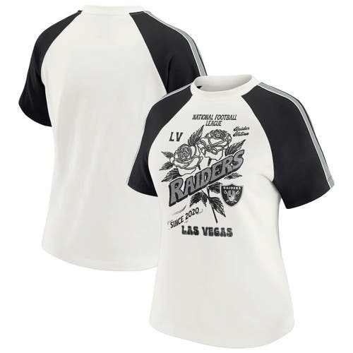 Wear By Erin Andrews White Las Vegas Raiders Sleeve Stripe Distressed Raglan T-shirt In White