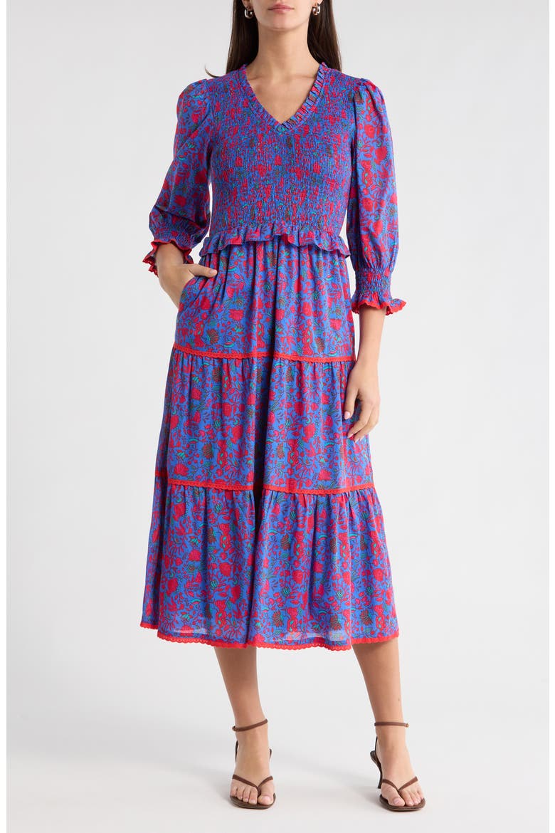 Tanya Floral Print Long Sleeve Smocked Dress, Main, color, BLUE-FUCHSIA