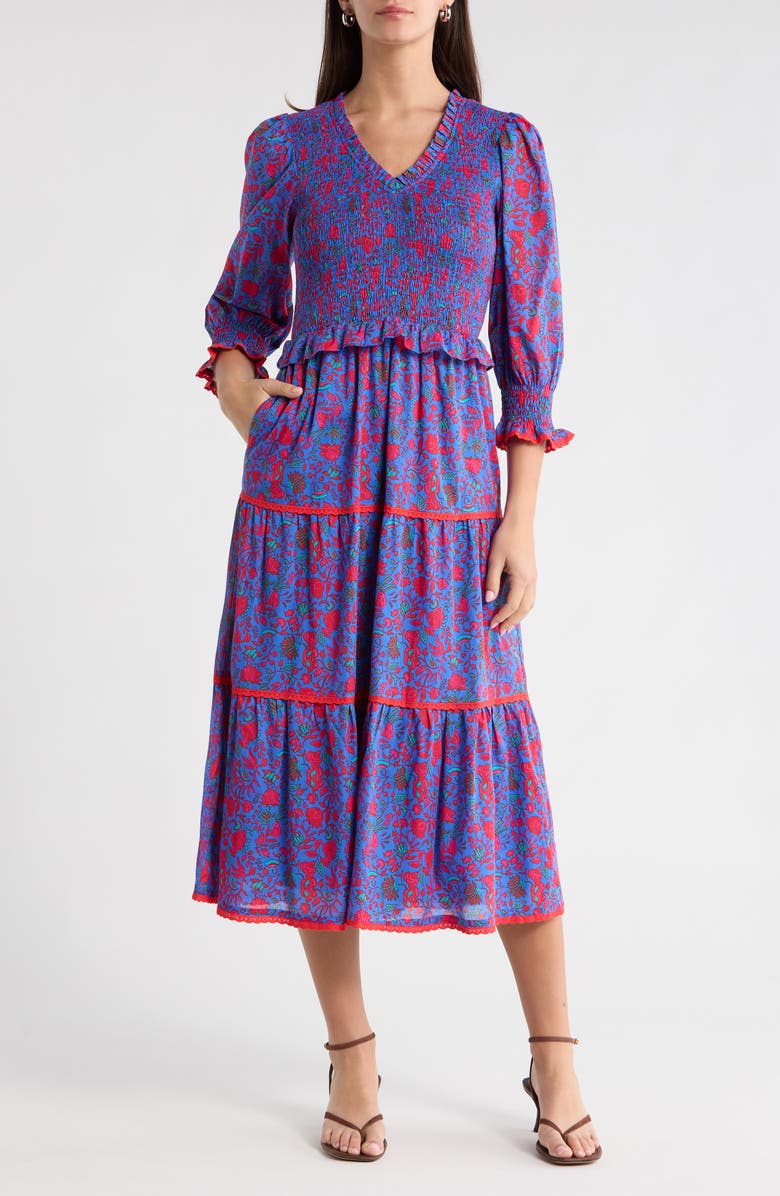 SUGARLIPS Tanya Floral Print Long Sleeve Smocked Dress, Main, color, Blue-Fuchsia