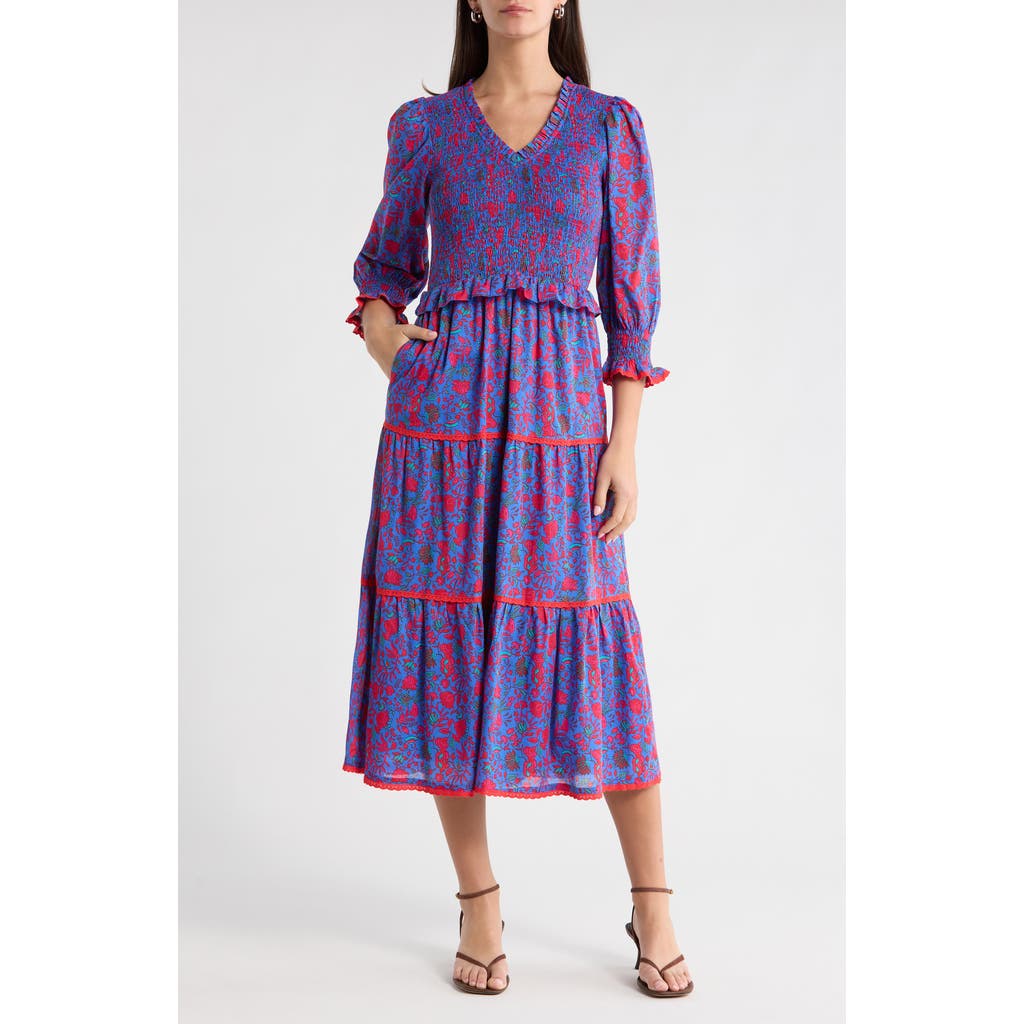 SUGARLIPS Tanya Floral Print Long Sleeve Smocked Dress in Blue-Fuchsia at Nordstrom, Size X-Small